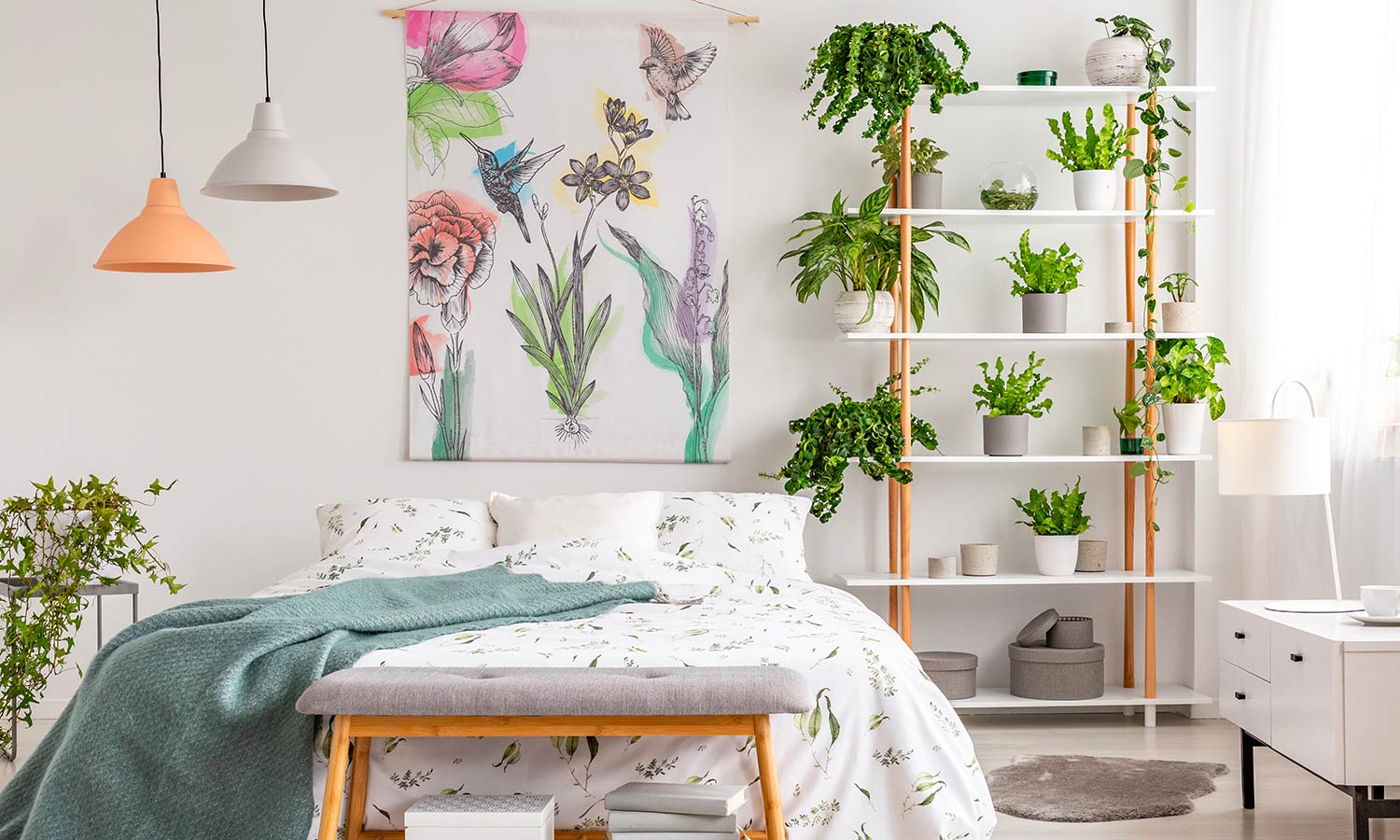 guest bedroom with plants 