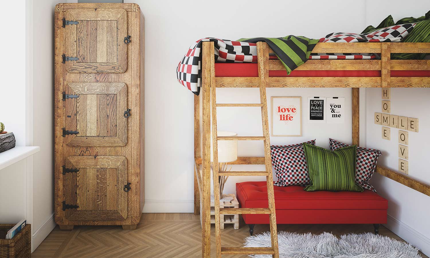 A bunk bed with a loft for a futon underneath