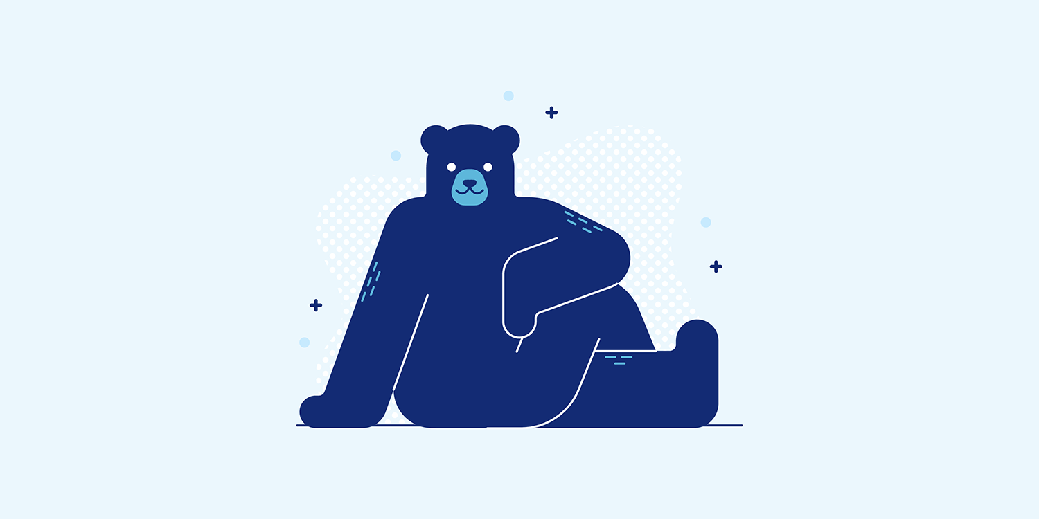 A cartoon bear sitting in the Ardha Matsyendrasana yoga pose.