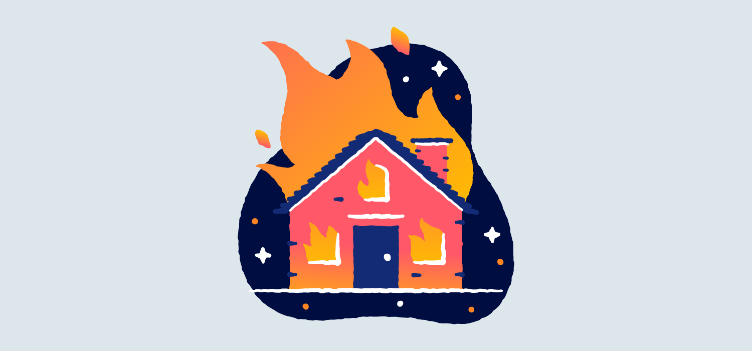 A house surrounded by large flames. Illustration.