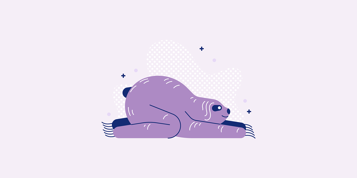 A cartoon sloth laying in the Balasana yoga pose.