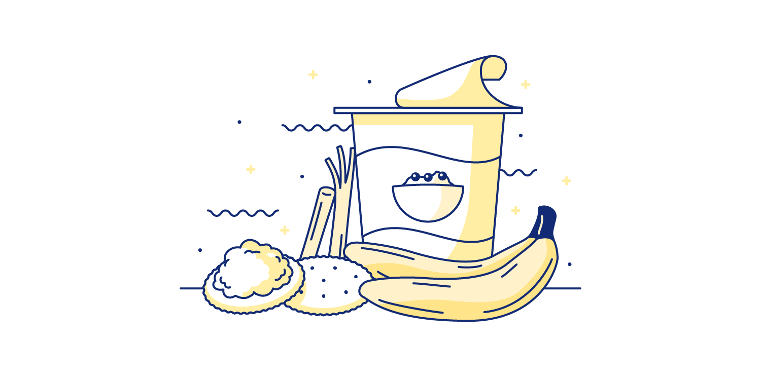 Cottage cheese, crackers, string cheese, yogurt, and bananas spread out on a table. Illustration