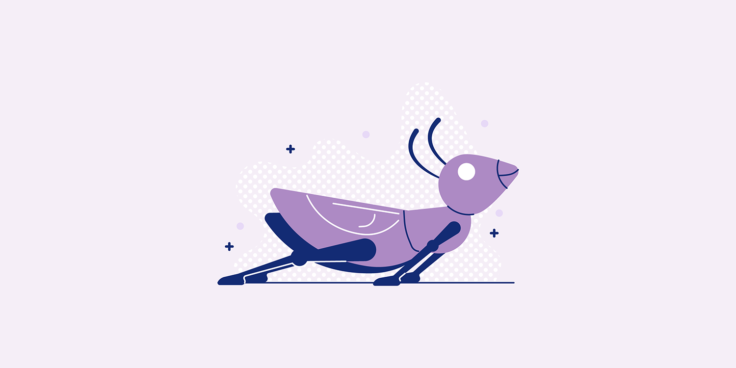 A cartoon locust in the Salabhasana yoga pose.