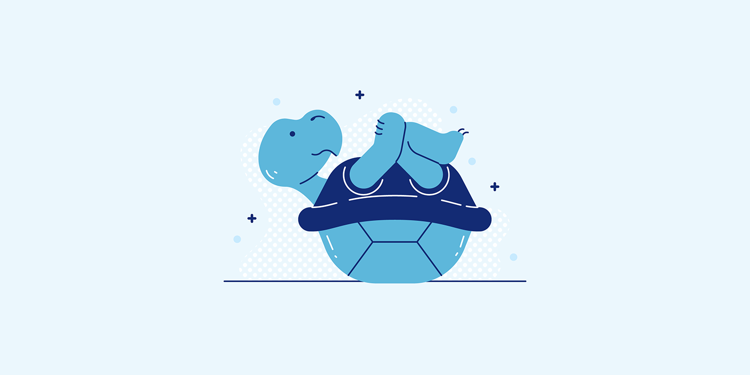 A cartoon turtle in the Apanasana yoga pose.