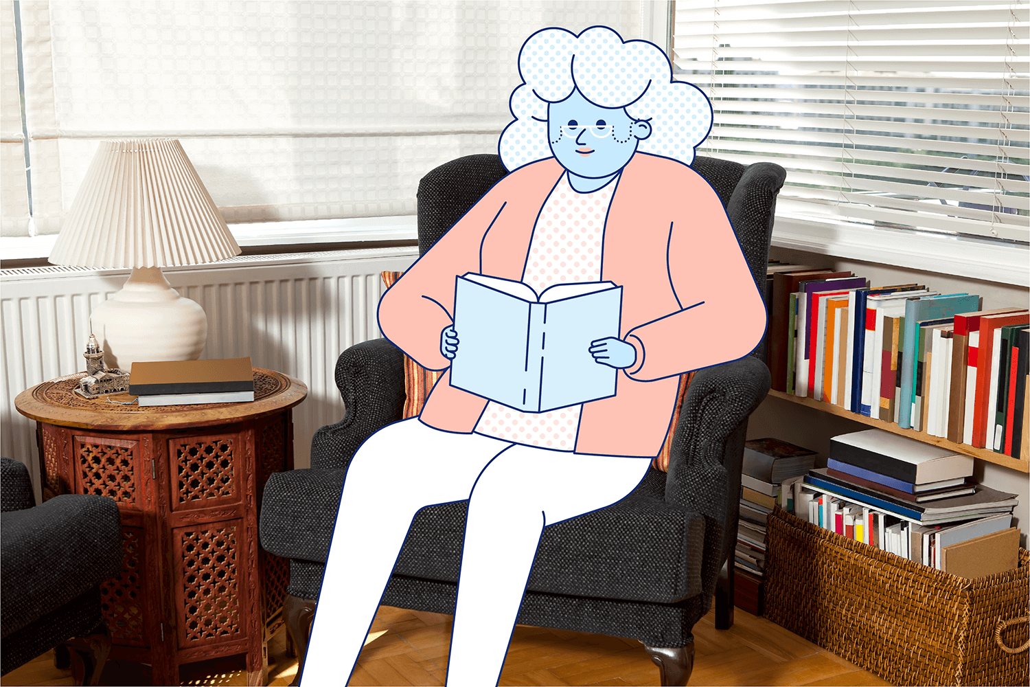 A woman happily reads a book in a chair during daylight hours. Illustration.