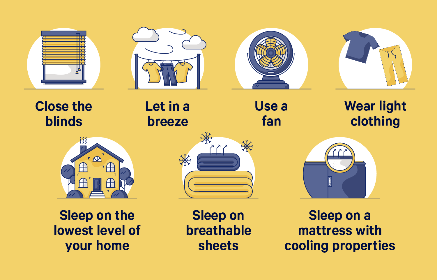 A chart showing tips to keep your room cool in Summer. Chart items below.