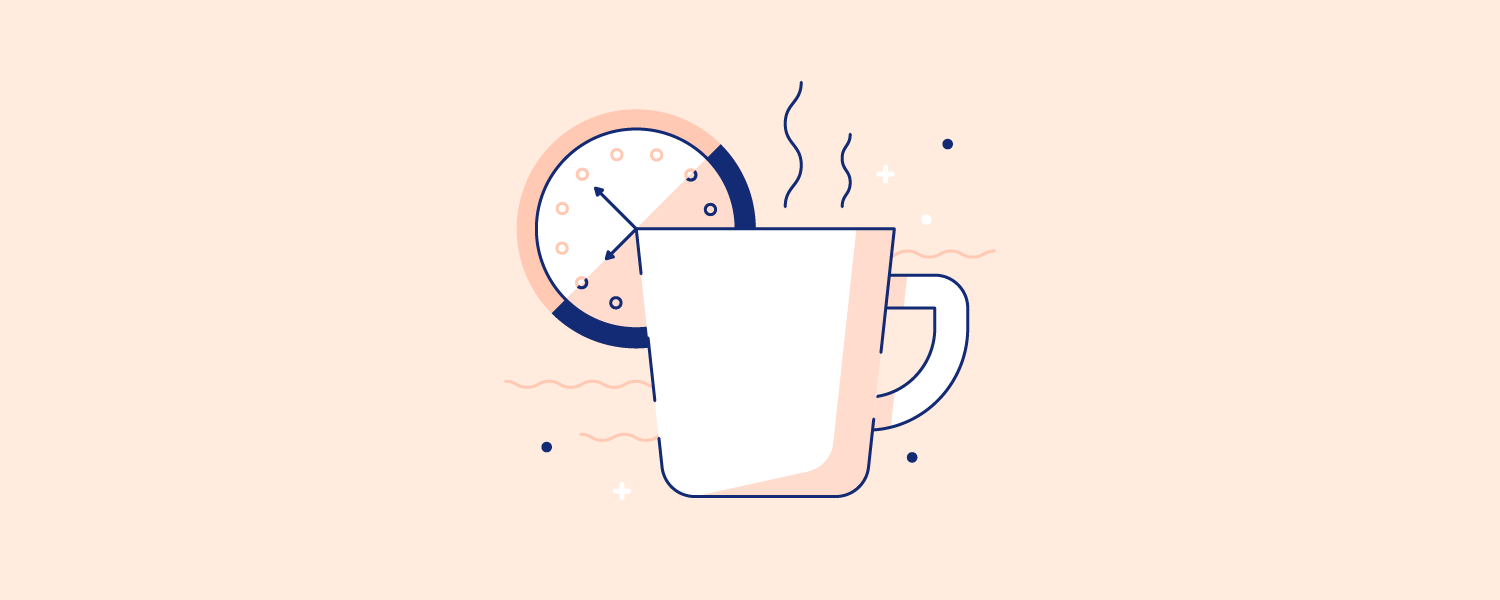 A cup of coffee in front of a wall clock. Illustration.