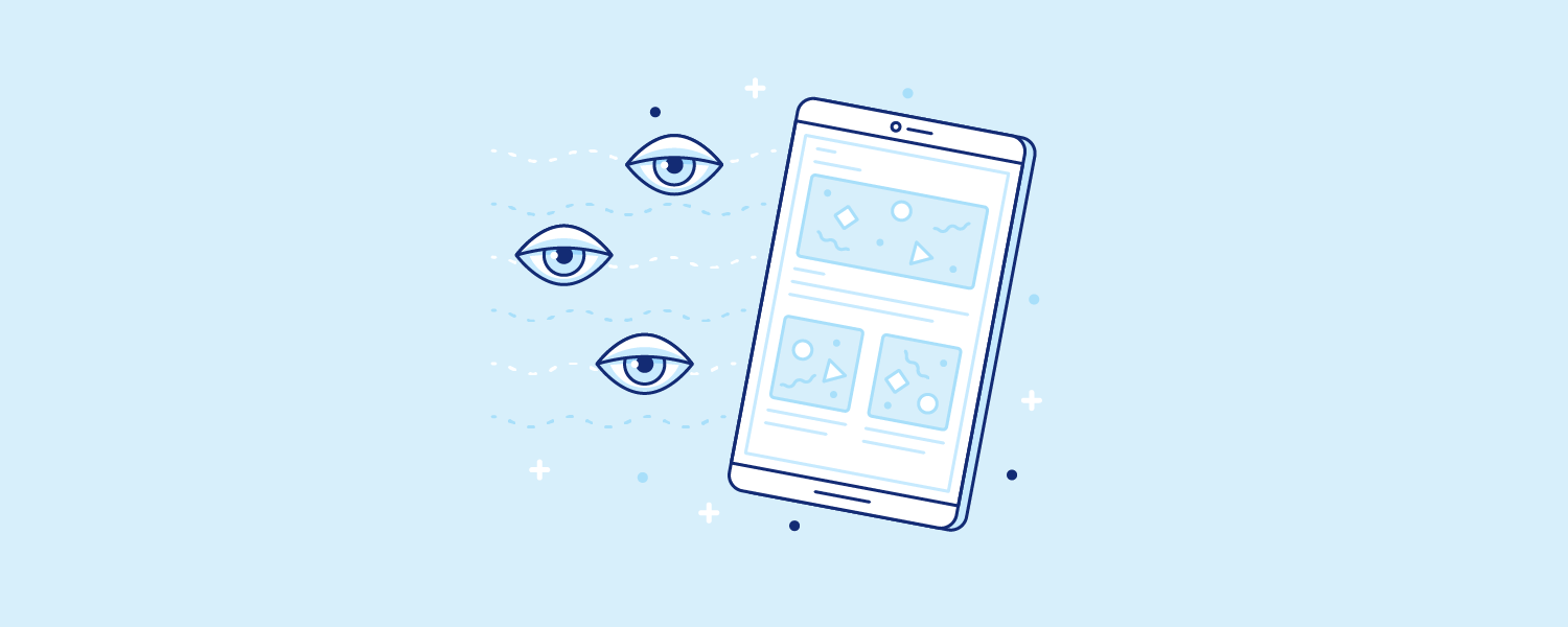 Sleepy eyes floating near a cellphone that glows with blue rays. Illustration