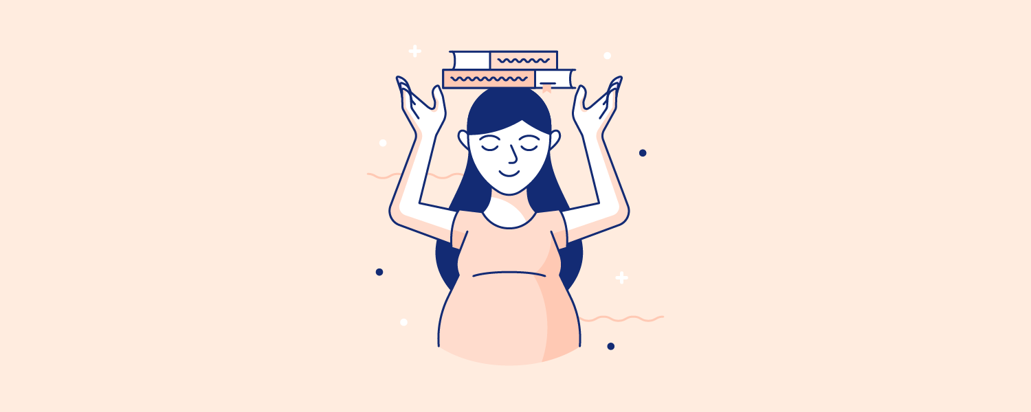 Woman balancing books on her head. Illustration.