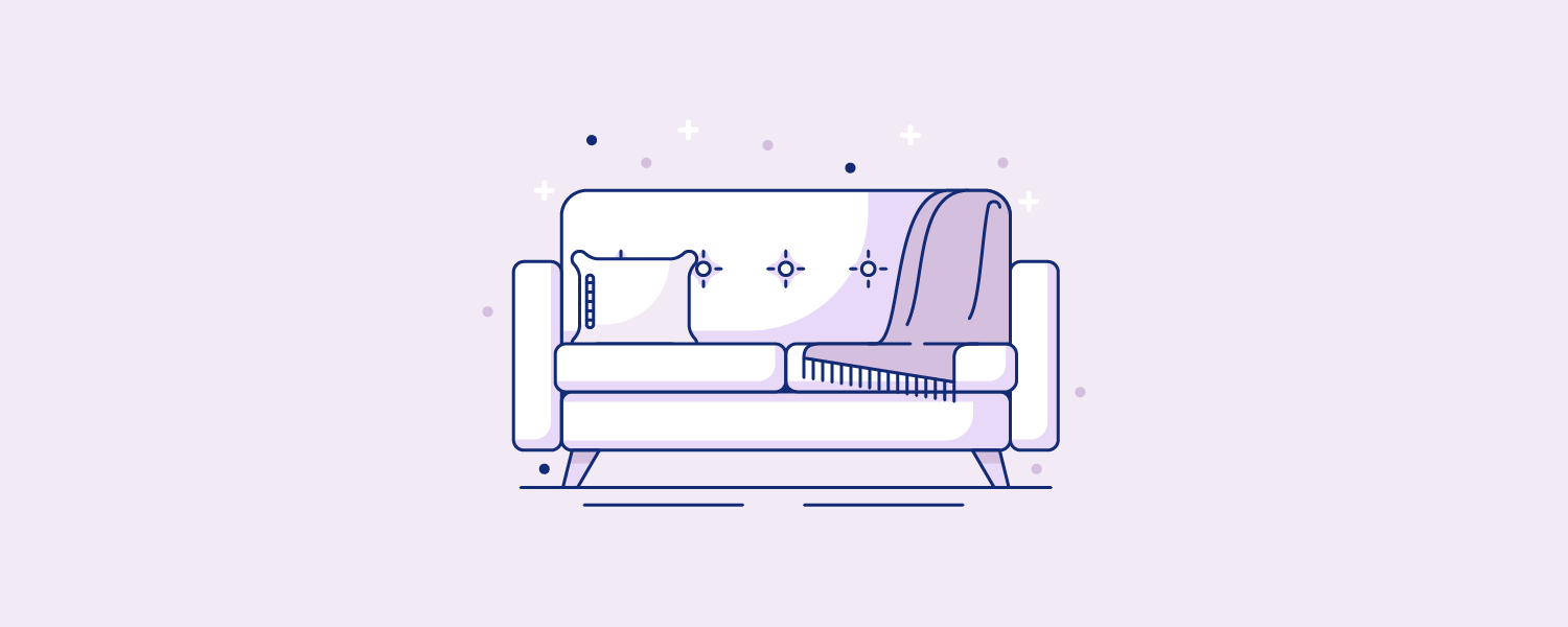 A couch with a pillow and blanket spread over it. Illustration