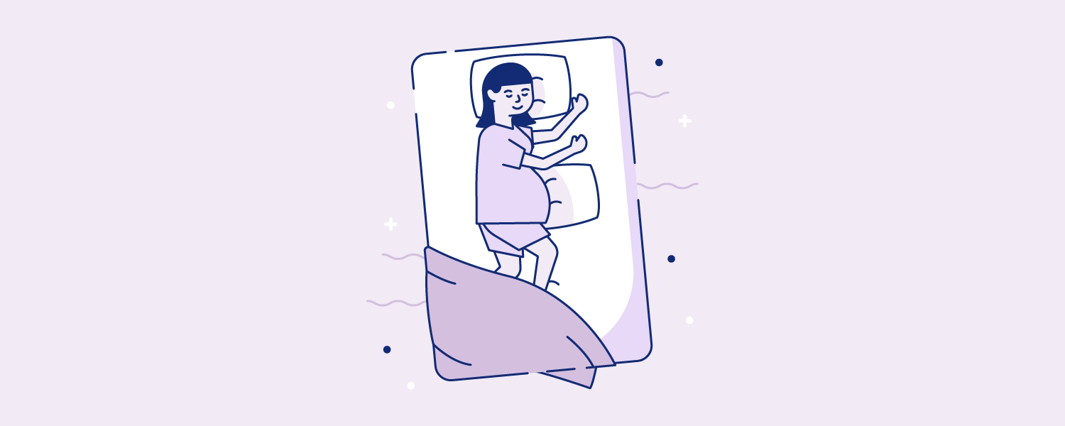 Woman sleeping with a standard-sized pillow under her pregnant belly. Illustration.