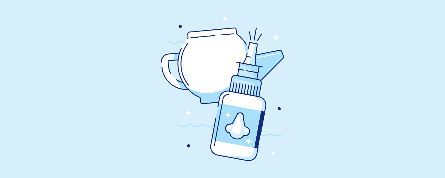 Nasal spray next to a netty pot. Illustration.