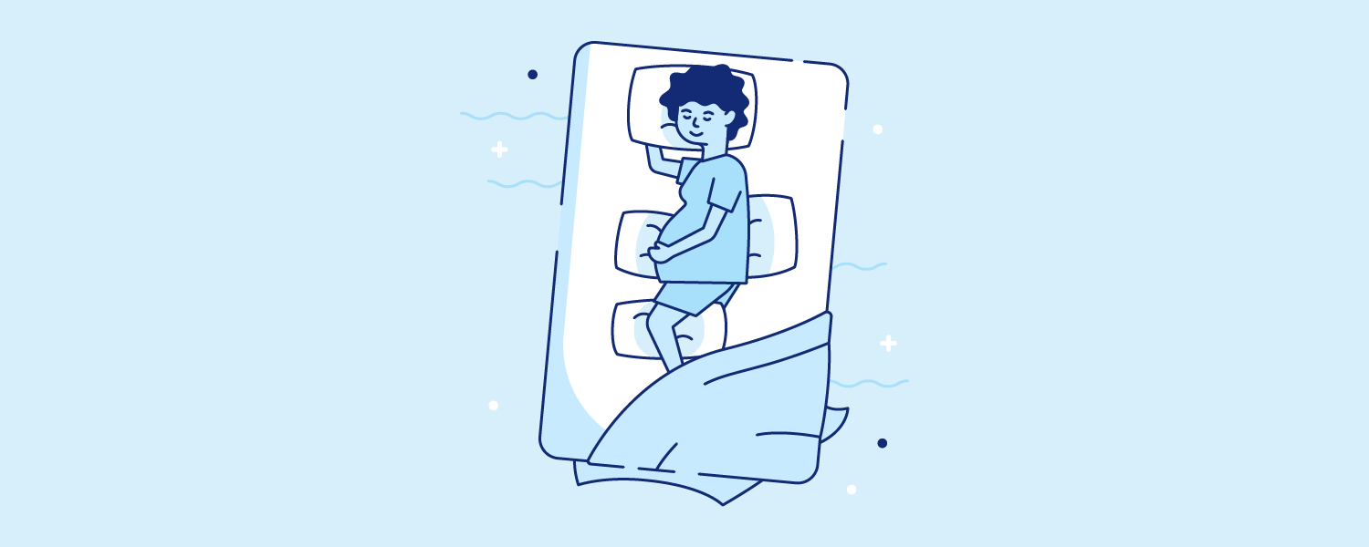 A pregnant woman sleeping with pillows under her head, stomach, back, and between her knees. Illustration.