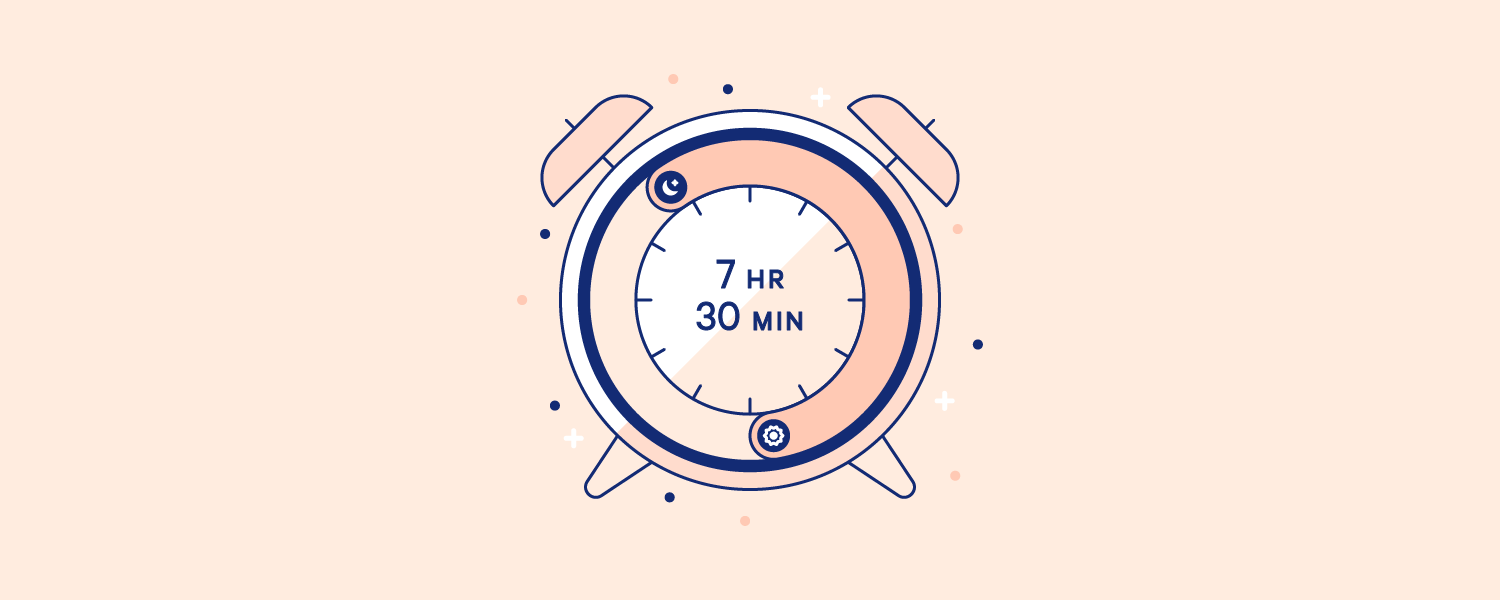 An alarm clock set to go off after 7 hours and 30 minutes. Illustration