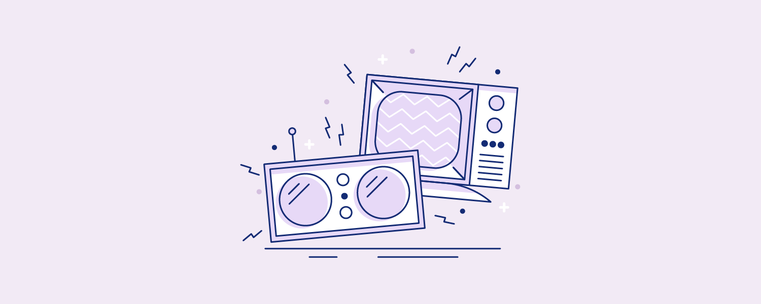 A television and radio blasting soundwaves. Illustration.