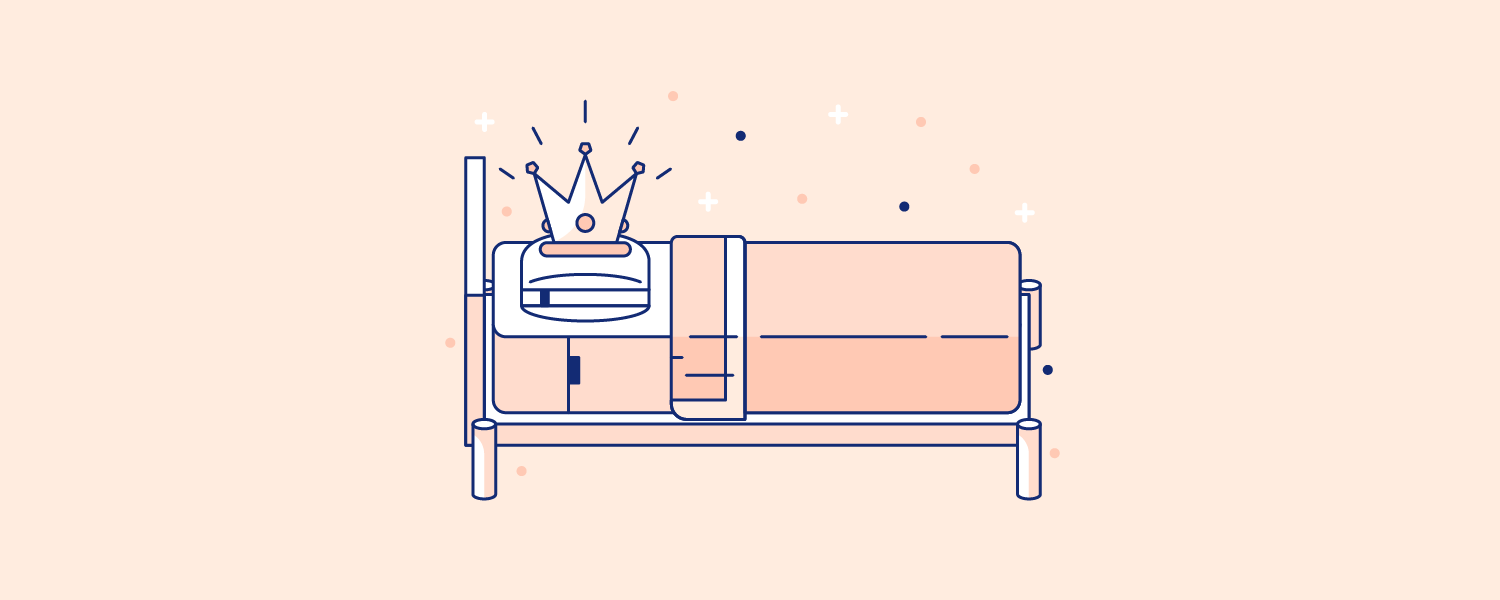 A crown resting on a Casper brand mattress and pillow. Illustration