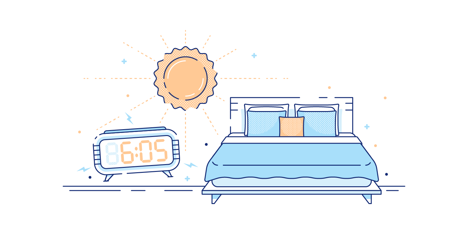 Bright sun shining into a bedroom early in the morning. Illustration