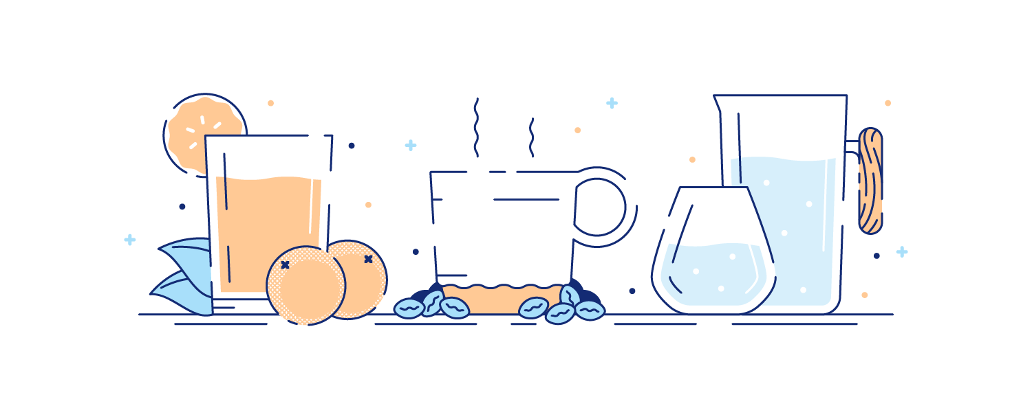 Glasses of orange juice, coffee, and water spread onto a table. Illustration.