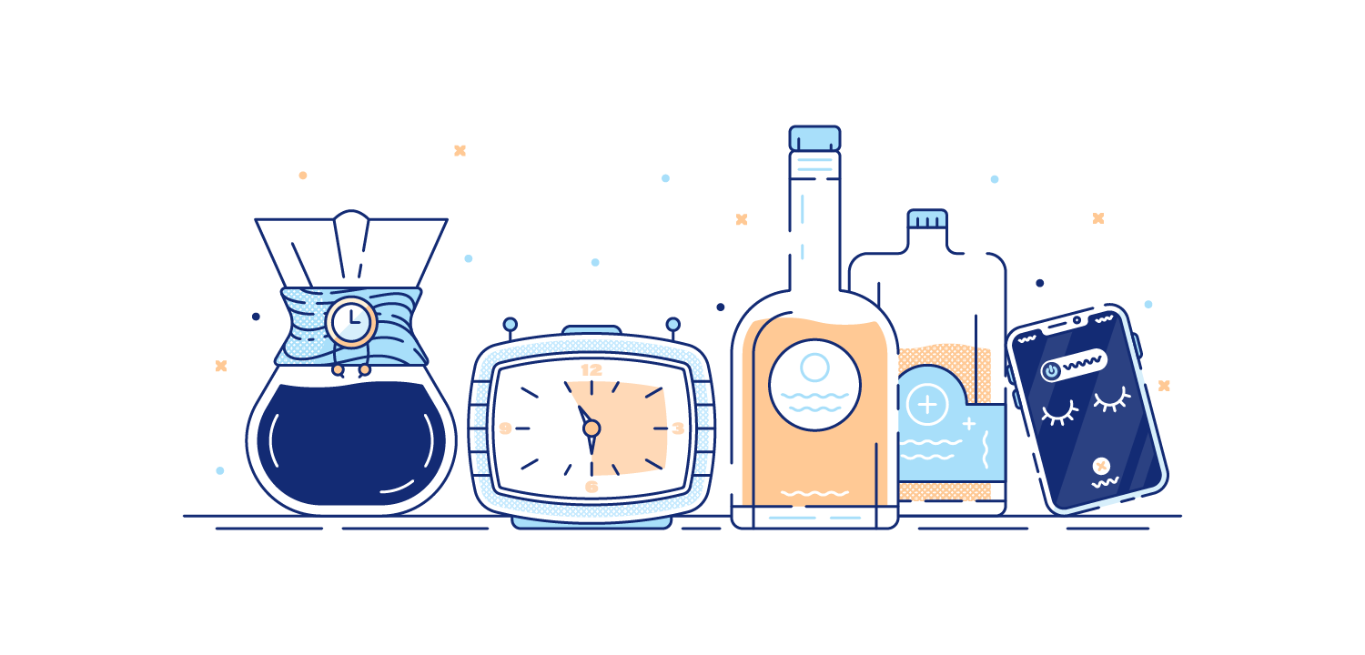 Coffee, alcohol, and alarm clocks on table. Illustration.