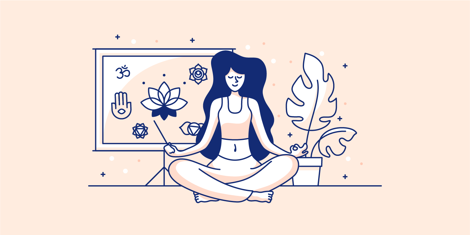 Woman meditating in her house. Illustration.