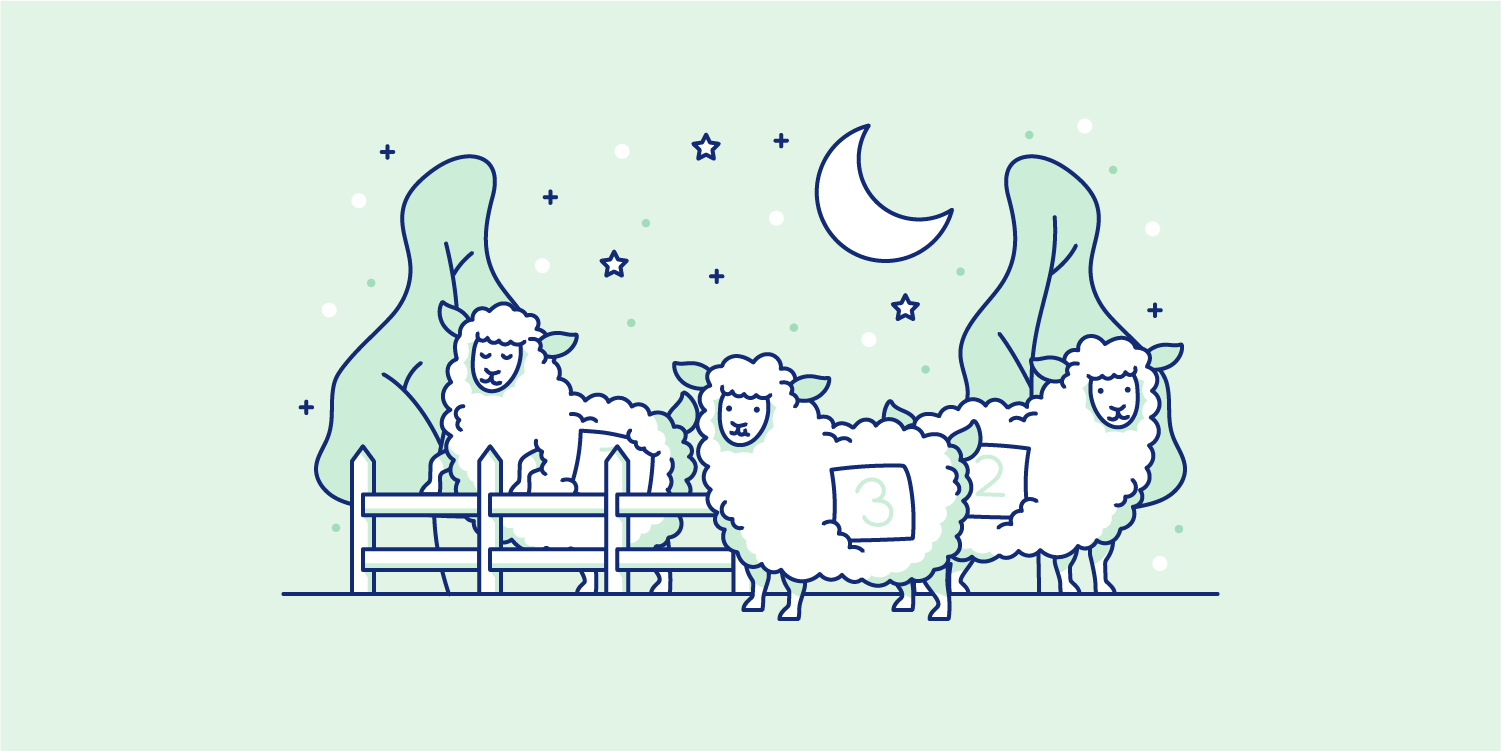 Sheep with numbers on them under a starry sky. Illustration.