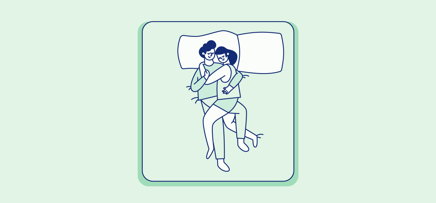 A couple sleeps with arms and legs intertwinded as they share a pillow. Illustration.