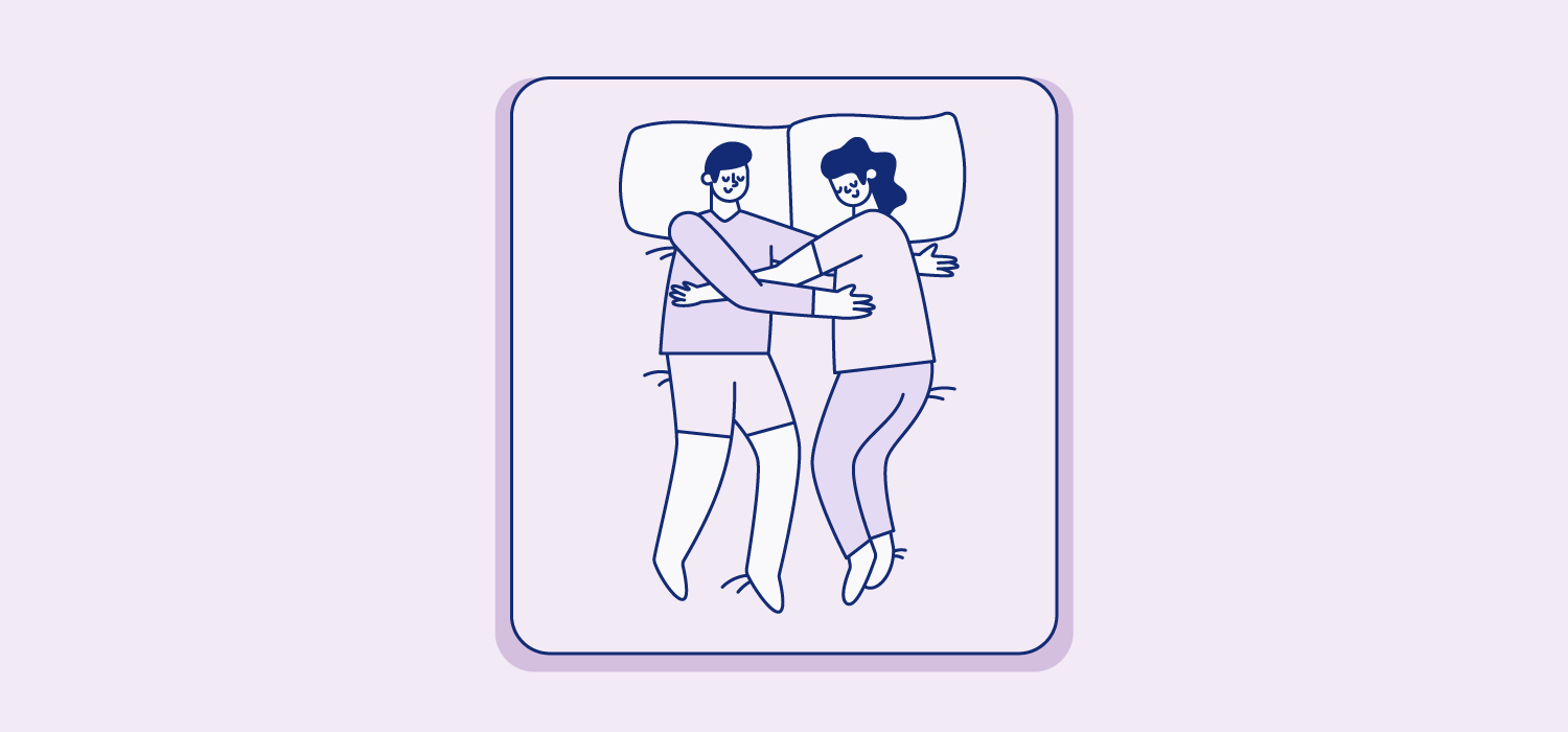 Partners sleep on separate pillows and a small space between them with their arms crading each other lightly. Illustration.