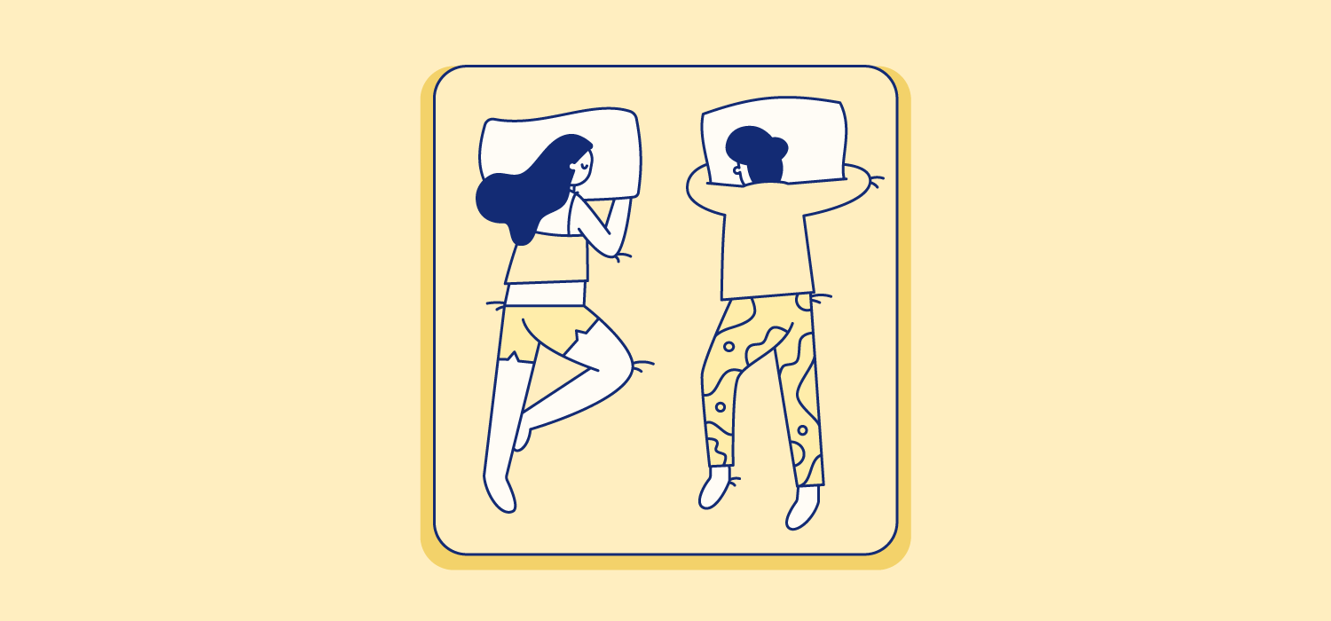 A couple sleeps on separate sides of the bed on their stomachs. Illustration.