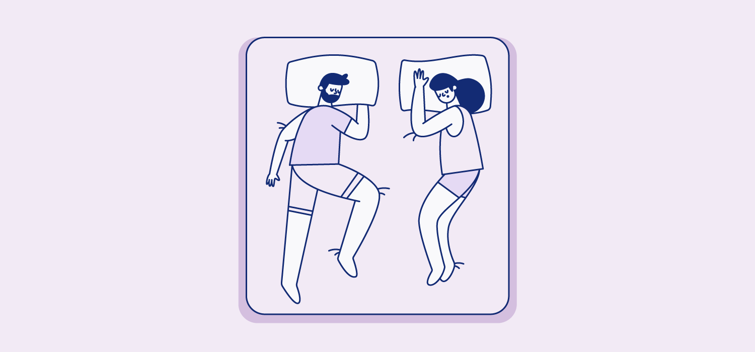 Two partners sleep on opposite sides of the bed on their sides with their fronts facing each other without touching. Illustration.