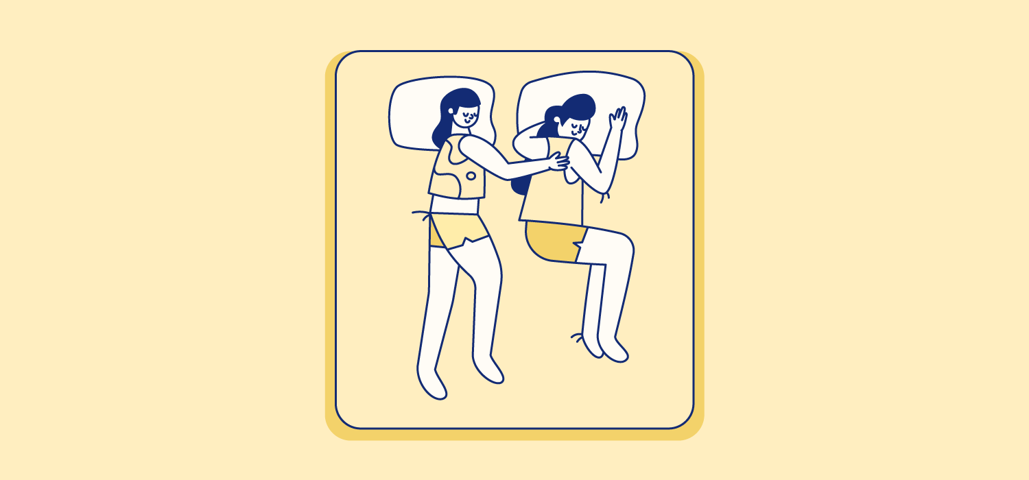 A woman sleeps curled up on her side while another woman lightly touches her back. Illustration.