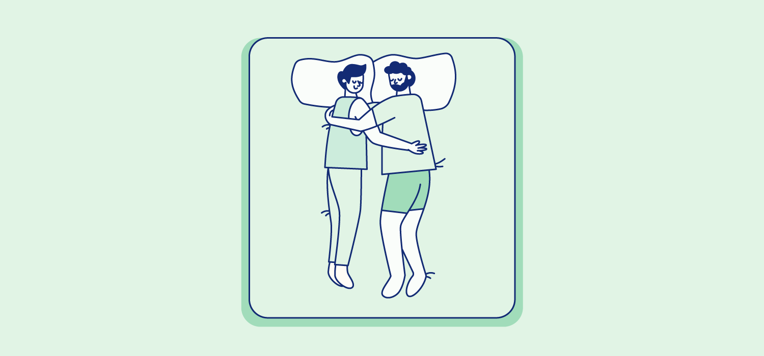 A couple sleeps on their sides facing each other and with one arm around the other. Illustration.