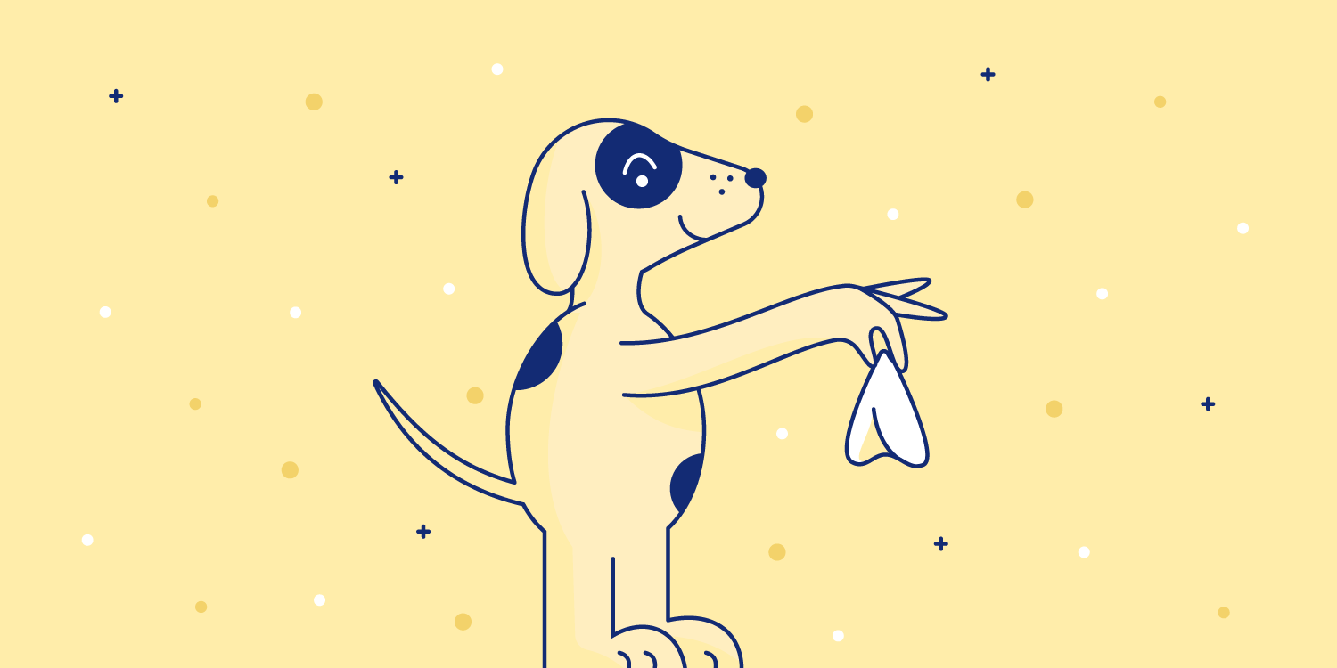 Spotted dog holds up a tissue. Illustration.