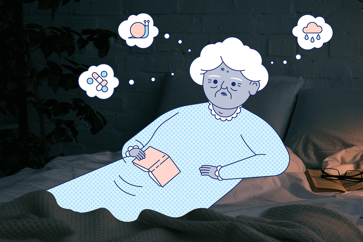 A woman lies in bed thinking about worries. Illustration.