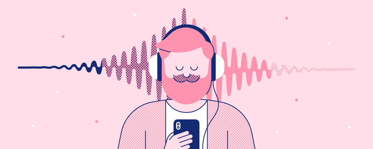 A man listens to music with his eyes closed. Illustration.