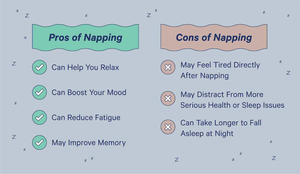 Pros of napping are it can help you relax, boost your mood, reduce fatigue, and may improve memory. Cons are you may feel tired directly after napping, it may distract from more serious health or sleep issues, and it can take longer to fall asleep at night.