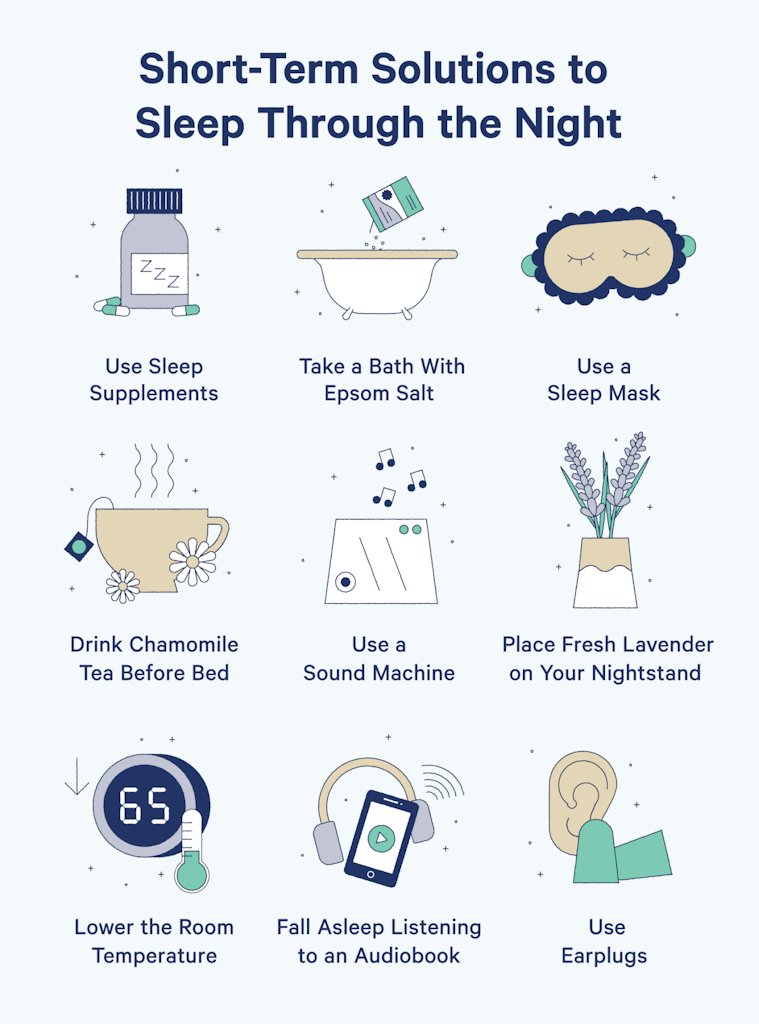 Short term solutions to sleep through the night includes using a sound machine, drinking chamomile tea before bed, and using sleep supplements. 