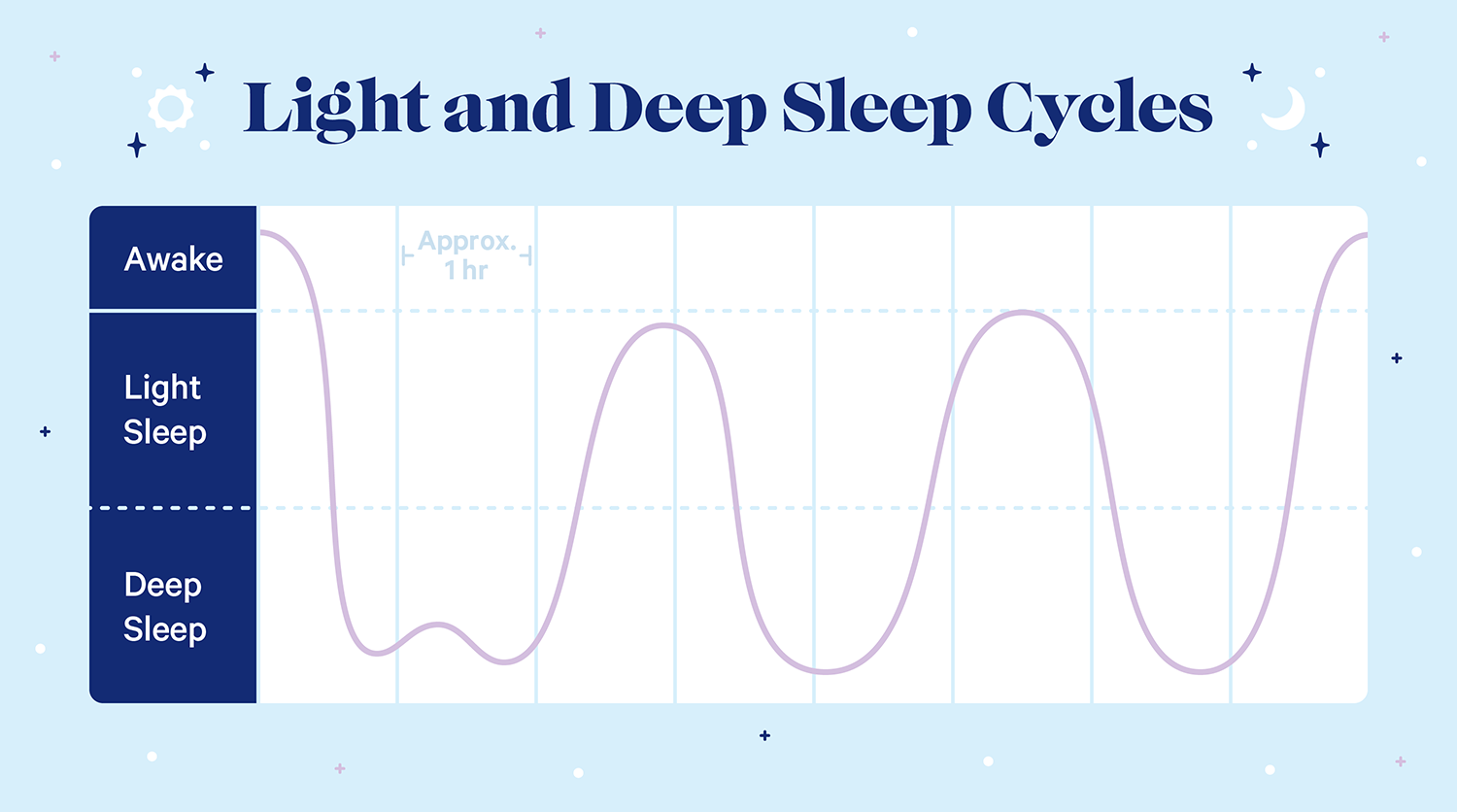 A graph showing light and deep sleep cycles. Over an 8-hour period, the body fluctuates between light sleep and deep sleep every hour or so.