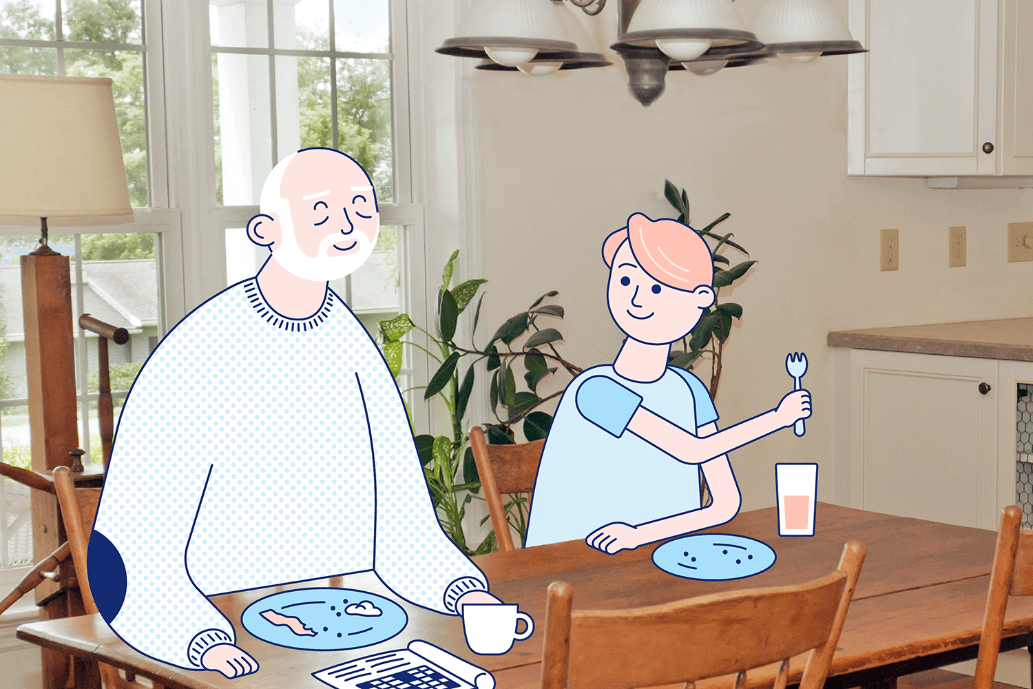 An well-rested older man and his younger son sit at the table for breakfast. Illustration.