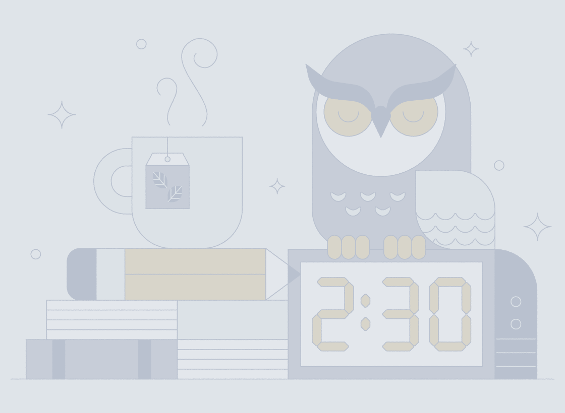 illustrated owl, clock, and coffee