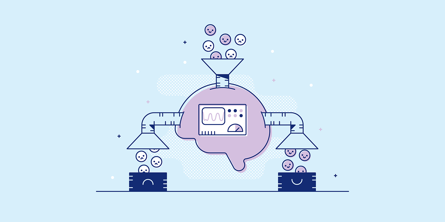 A sleeping brain filtering happy and sad faces into separate boxes. Illustration.