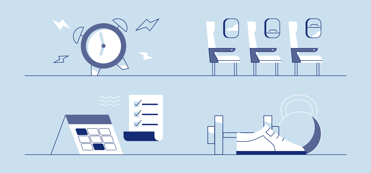 An alarm clock, checklists, and airplane seats. Illustration.