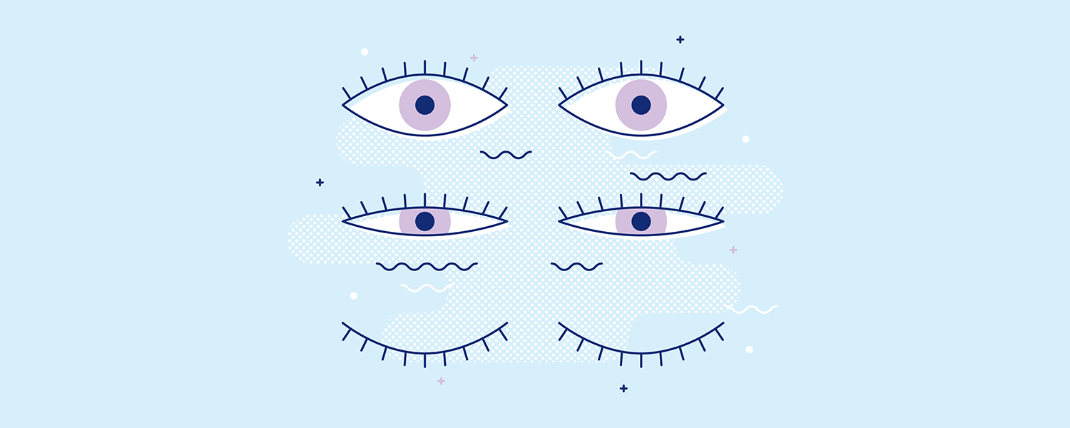 A pair of eyes going from fully open, to half open, to closed. Illustration.