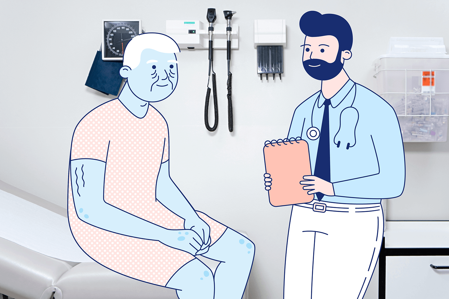 A man and his doctor chat happily. Illustration.